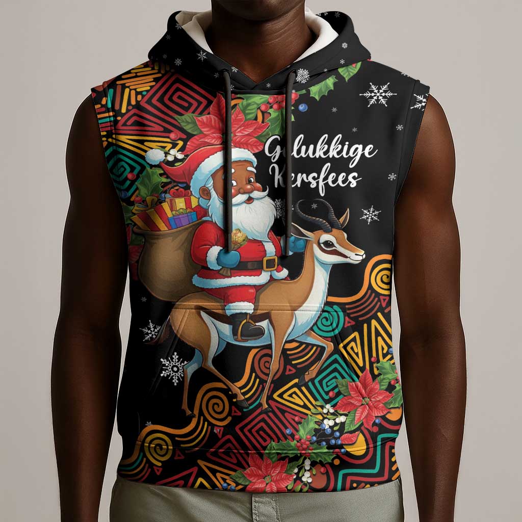 South Africa Gelukkige Kersfees Sleeveless Hoodie Black Santa Claus Riding Springbok - African Pride