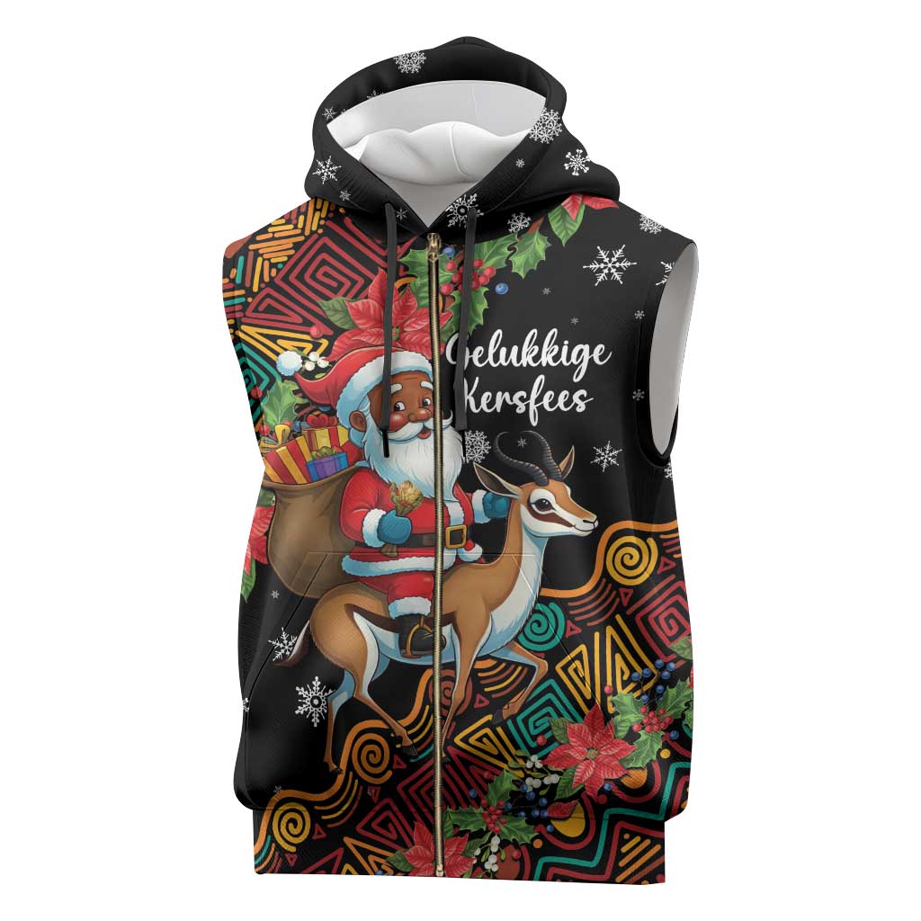 South Africa Gelukkige Kersfees Sleeveless Zip Hoodie Black Santa Claus Riding Springbok - African Pride