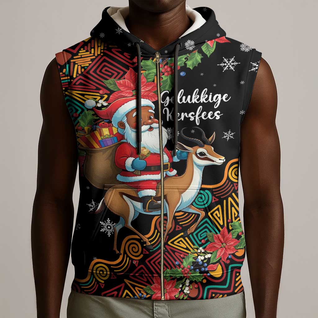 South Africa Gelukkige Kersfees Sleeveless Zip Hoodie Black Santa Claus Riding Springbok - African Pride
