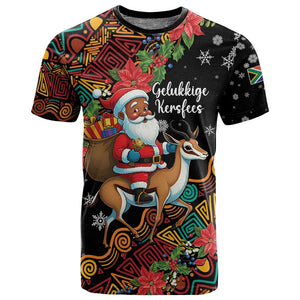 South Africa Gelukkige Kersfees T shirt Black Santa Claus Riding Springbok