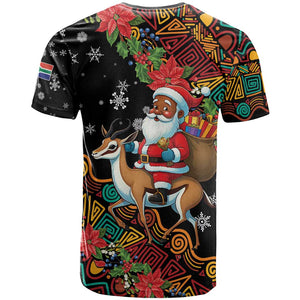 South Africa Gelukkige Kersfees T shirt Black Santa Claus Riding Springbok