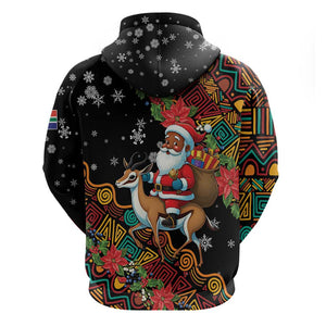 South Africa Gelukkige Kersfees Zip Hoodie Black Santa Claus Riding Springbok