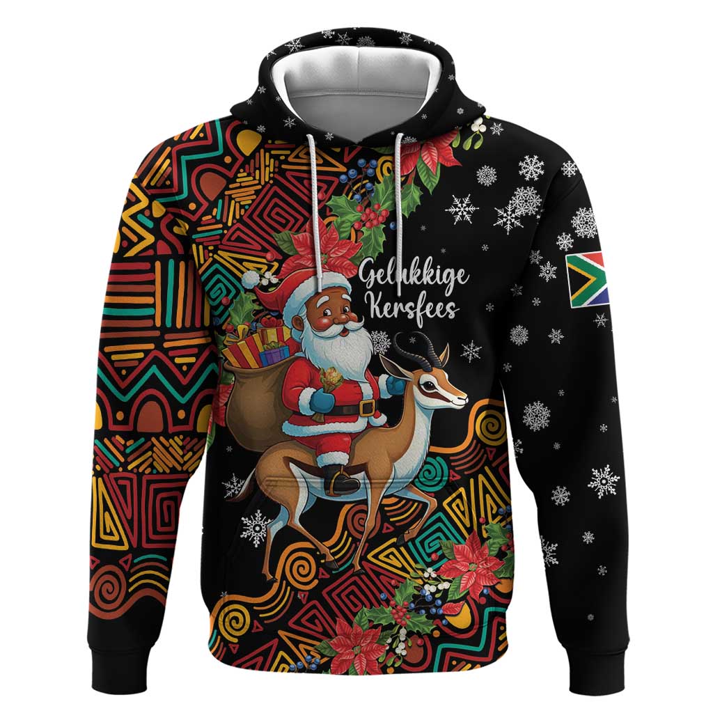South Africa Gelukkige Kersfees Zip Hoodie Black Santa Claus Riding Springbok