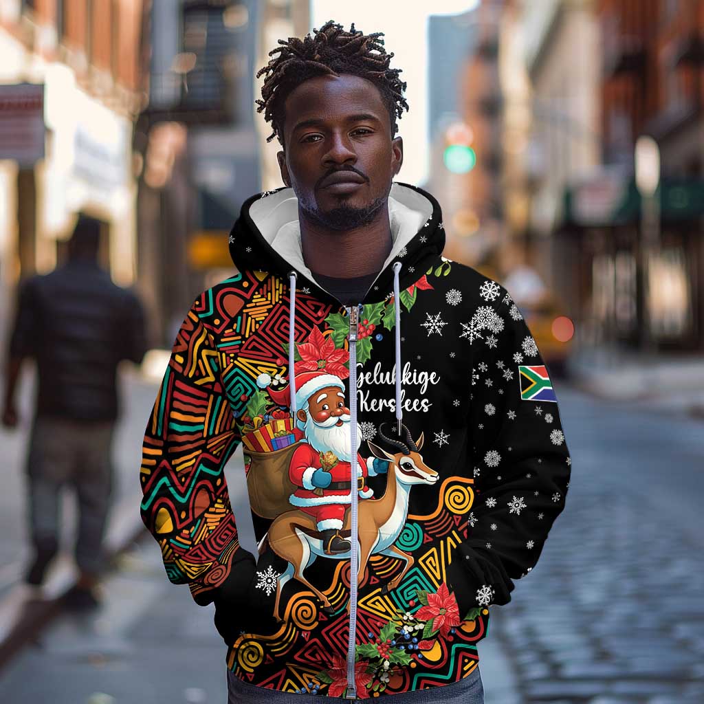 South Africa Gelukkige Kersfees Zip Hoodie Black Santa Claus Riding Springbok