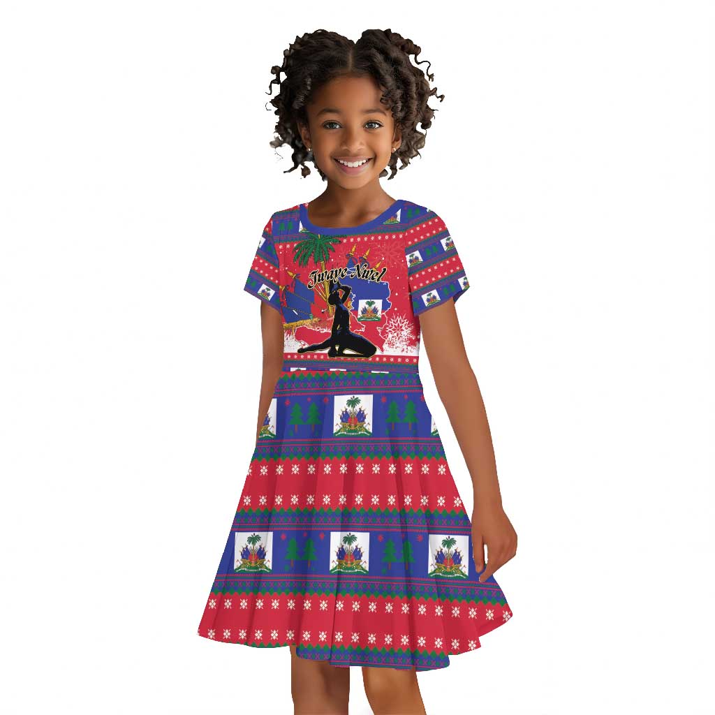 Personalized Ayiti Jwaye Nwel Kid Short Sleeve Dress Haiti Merry Christmas - African Pride