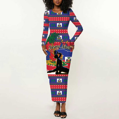 Personalized Ayiti Jwaye Nwel Long Sleeve Bodycon Dress Haiti Merry Christmas - African Pride