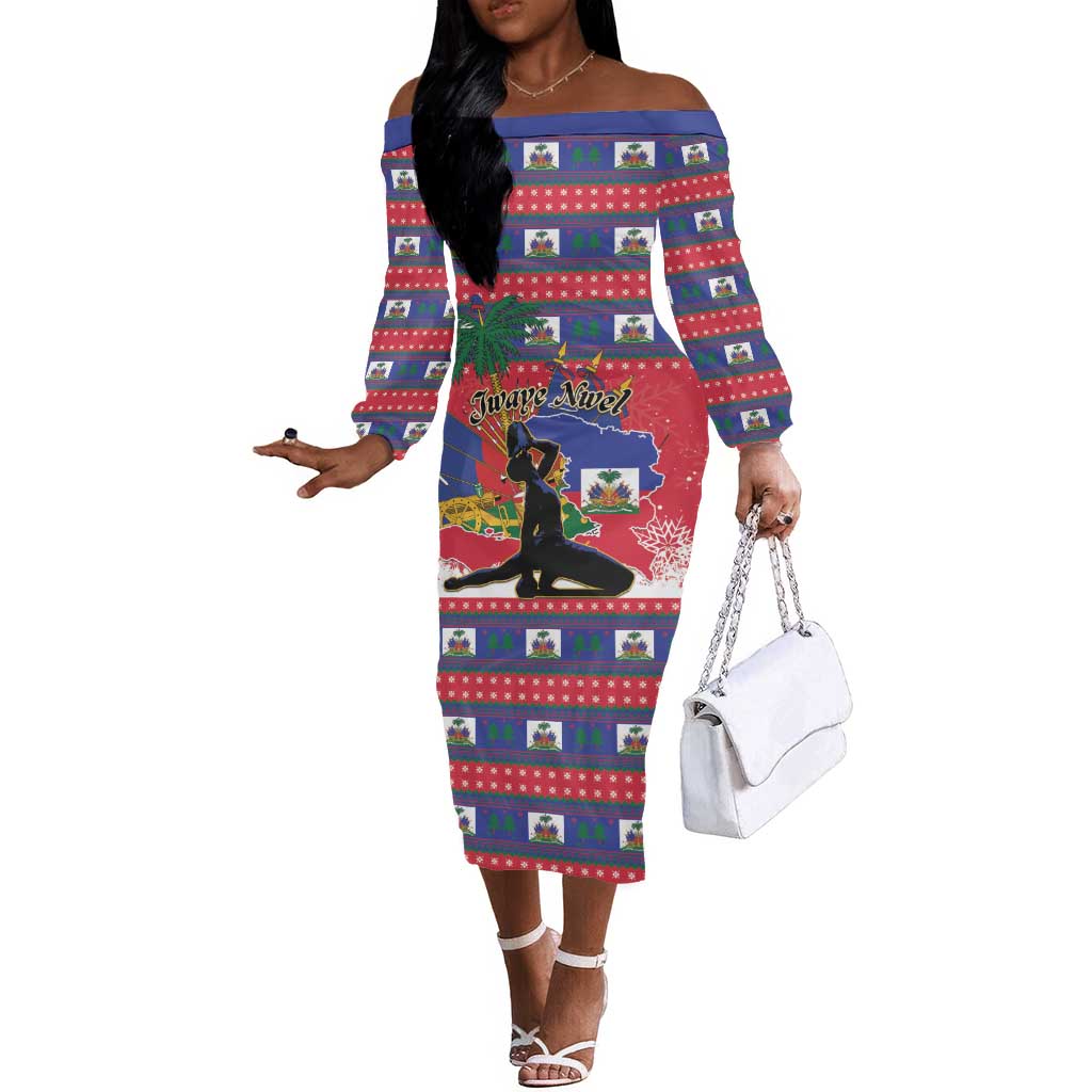 Personalized Ayiti Jwaye Nwel Off The Shoulder Long Sleeve Dress Haiti Merry Christmas - African Pride