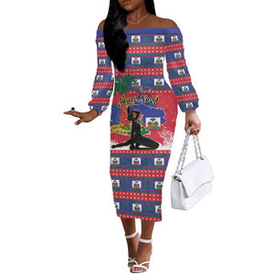 Personalized Ayiti Jwaye Nwel Off The Shoulder Long Sleeve Dress Haiti Merry Christmas - African Pride