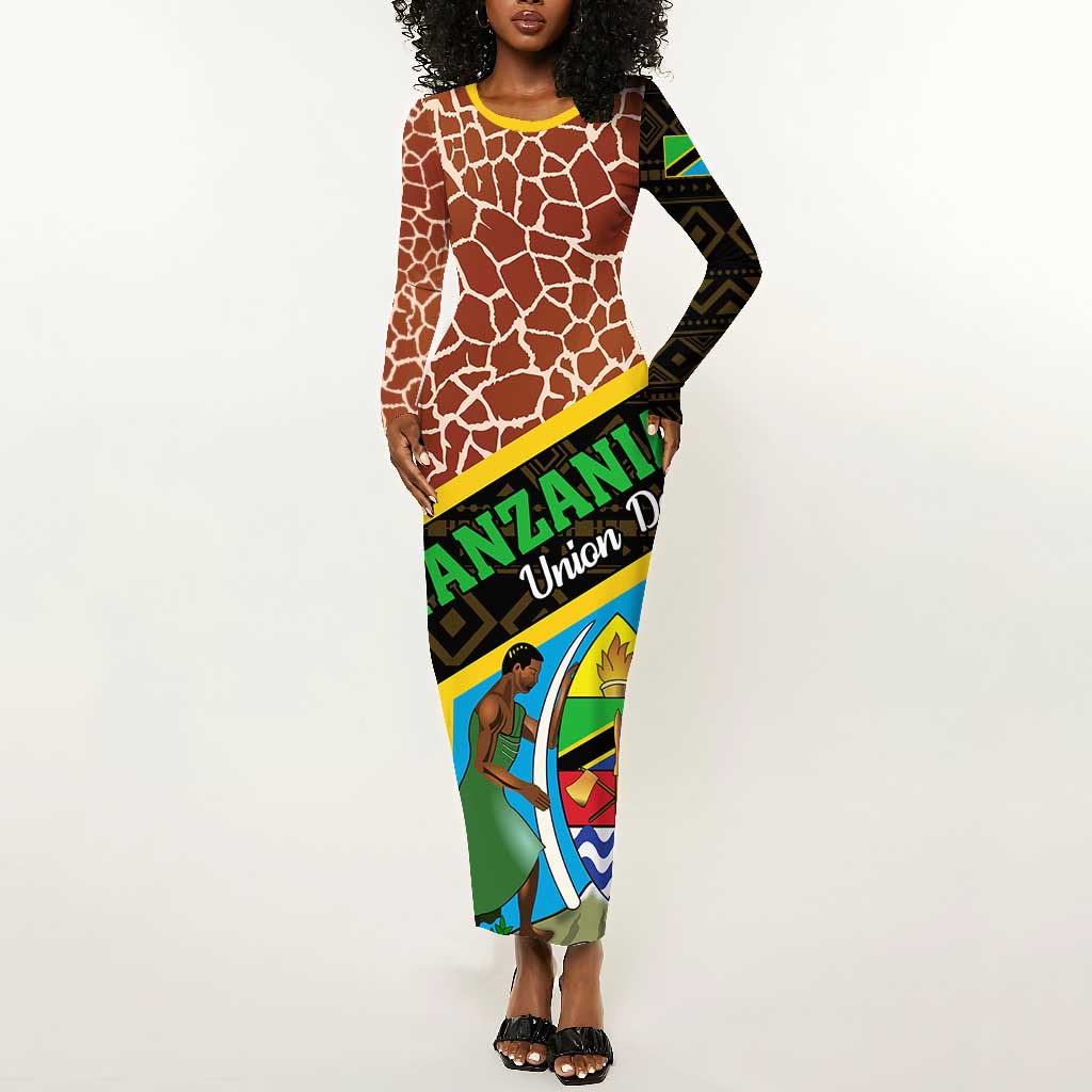 Tanzania Union Day 2024 Long Sleeve Bodycon Dress Uhuru na Umoja Giraffe Pattern LT01