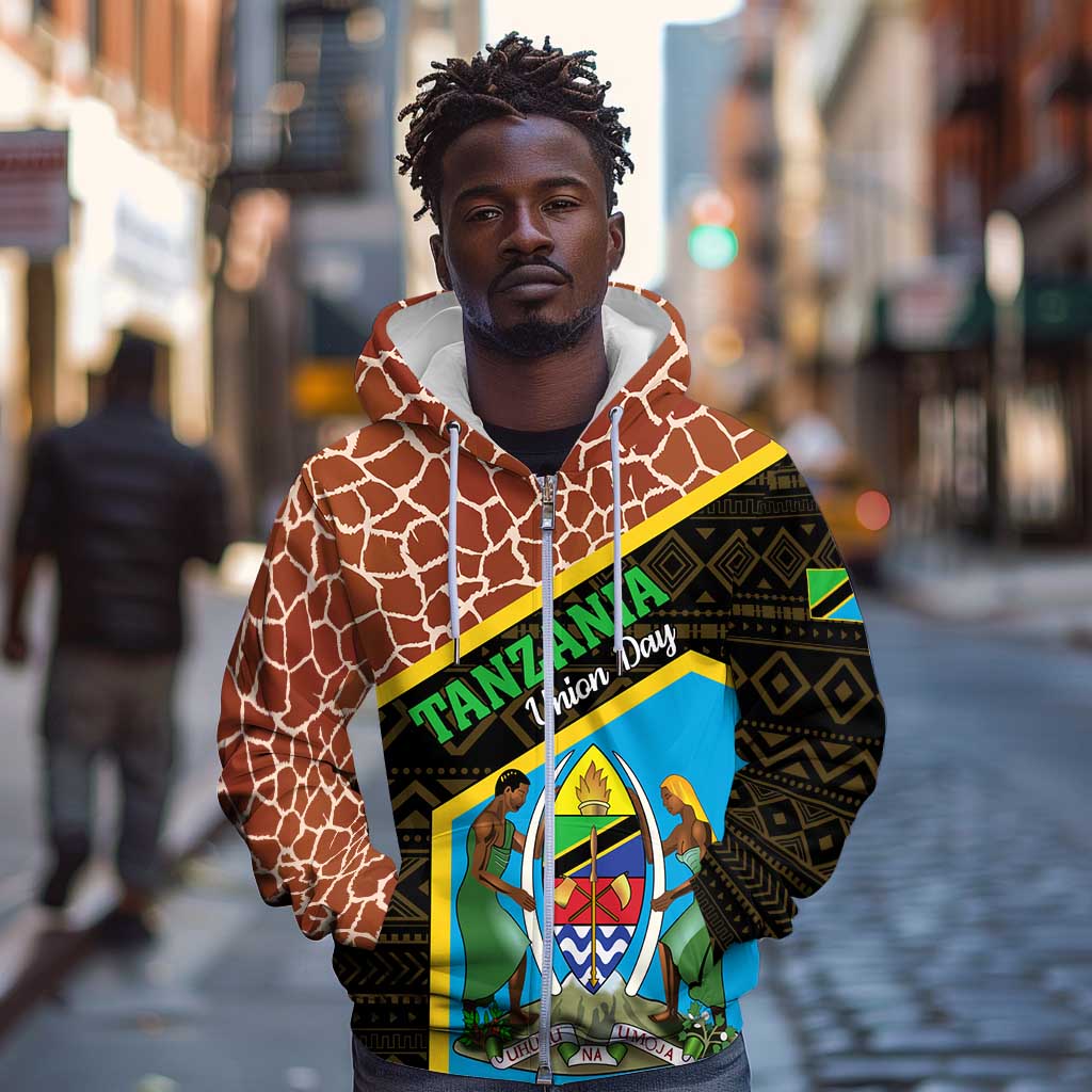 Tanzania Union Day 2024 Zip Hoodie Uhuru na Umoja Giraffe Pattern