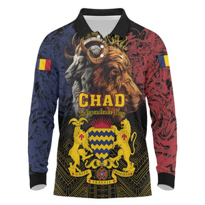 Chad Independence Day 1960 Long Sleeve Polo Shirt Tchad Goat and Lion African Pattern