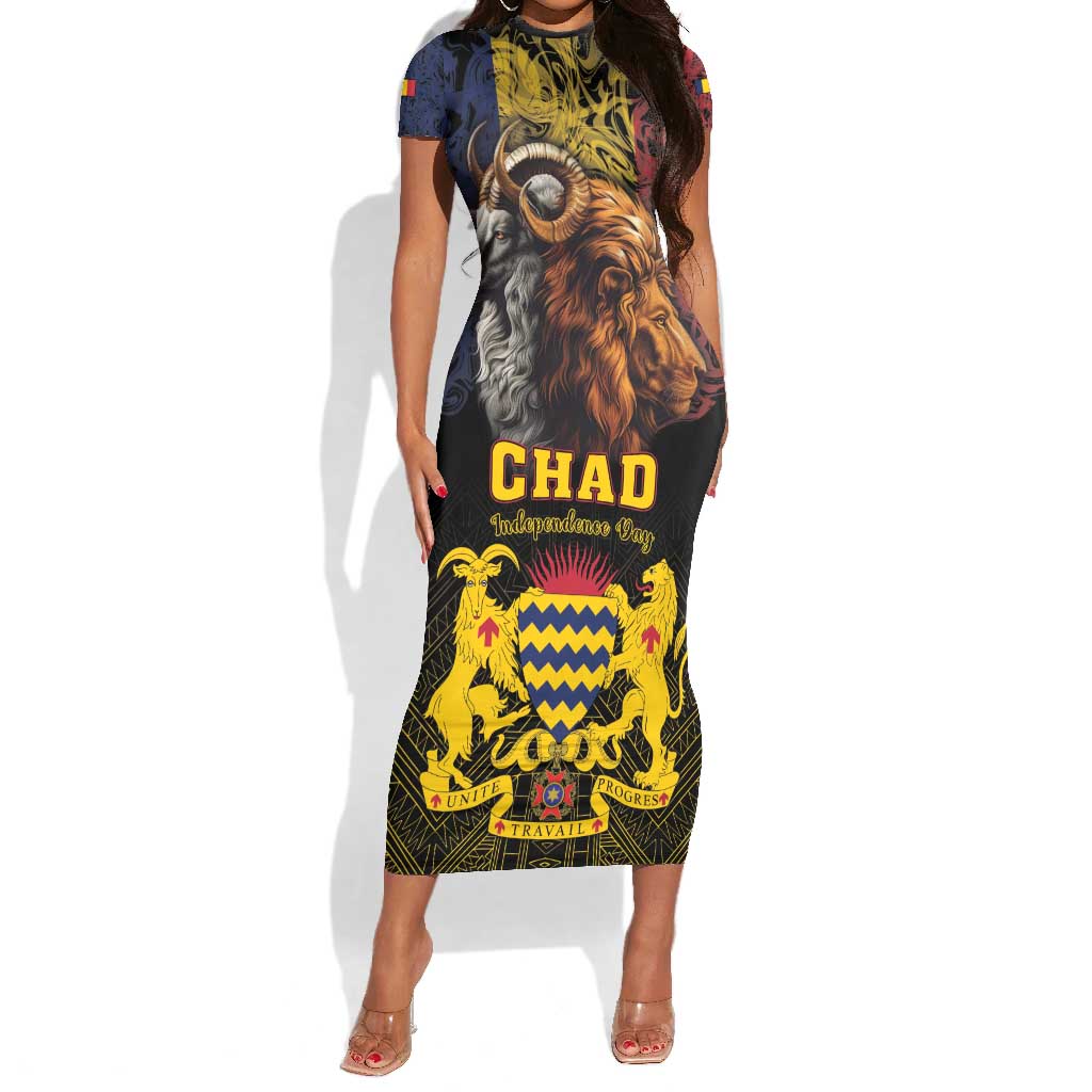 Chad Independence Day 1960 Short Sleeve Bodycon Dress Tchad Goat and Lion African Pattern LT01