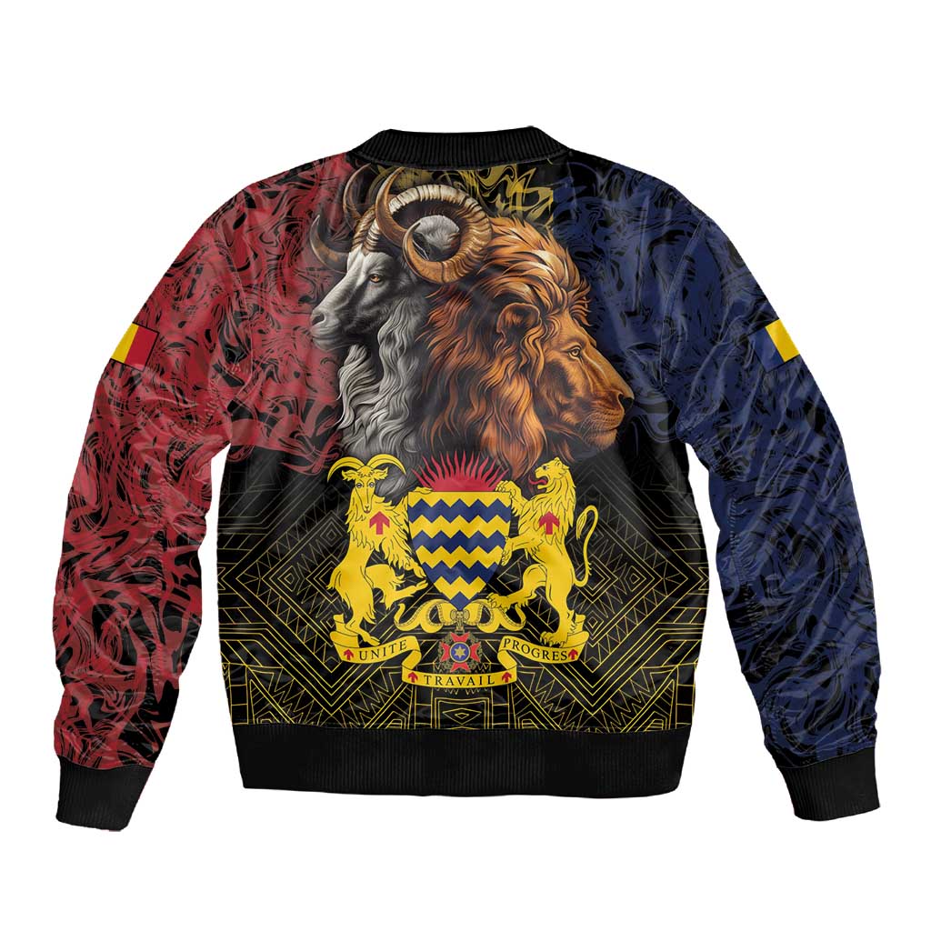Chad Independence Day 1960 Sleeve Zip Bomber Jacket Tchad Goat and Lion African Pattern