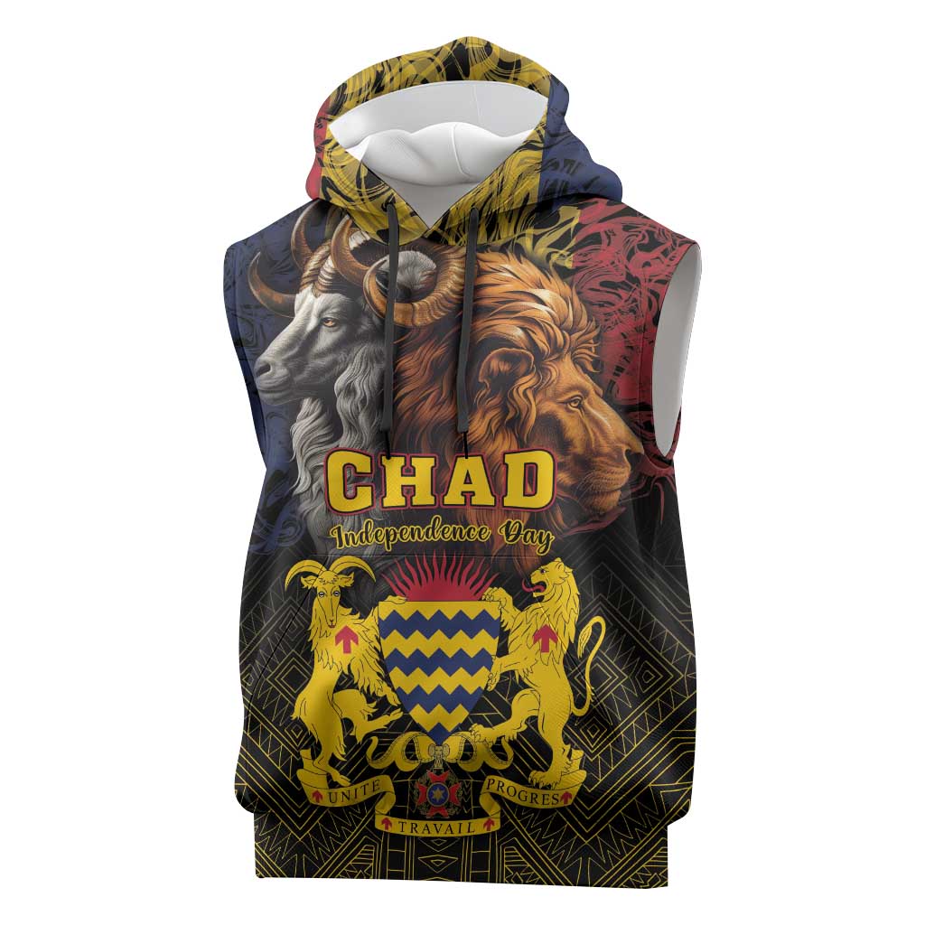Chad Independence Day 1960 Sleeveless Hoodie Tchad Goat and Lion African Pattern - African Pride
