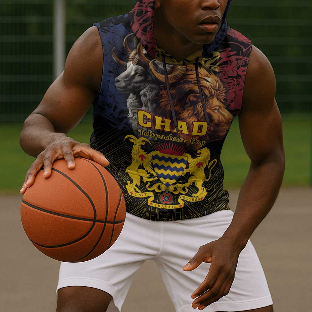 Chad Independence Day 1960 Sleeveless Hoodie Tchad Goat and Lion African Pattern - African Pride