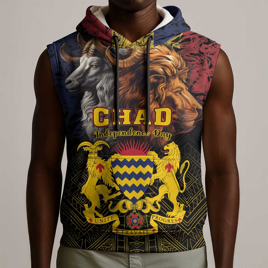 Chad Independence Day 1960 Sleeveless Hoodie Tchad Goat and Lion African Pattern - African Pride
