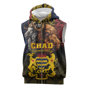 Chad Independence Day 1960 Sleeveless Zip Hoodie Tchad Goat and Lion African Pattern - African Pride