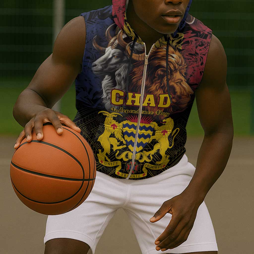 Chad Independence Day 1960 Sleeveless Zip Hoodie Tchad Goat and Lion African Pattern - African Pride