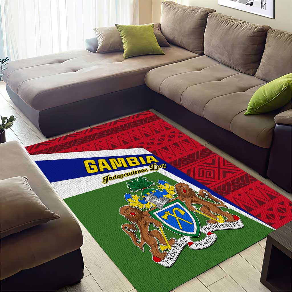 Gambia Independence Day Area Rug with Coat of Arms and African Pattern