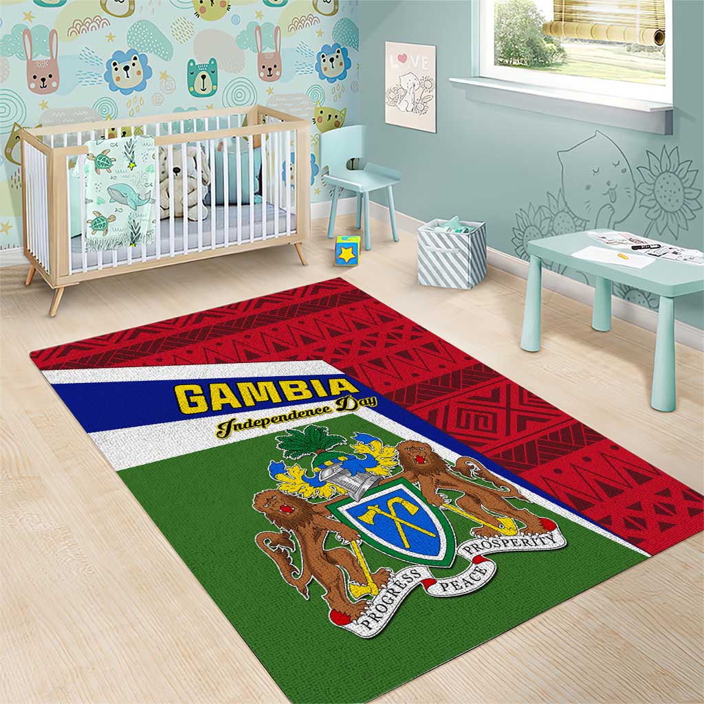 Gambia Independence Day Area Rug with Coat of Arms and African Pattern