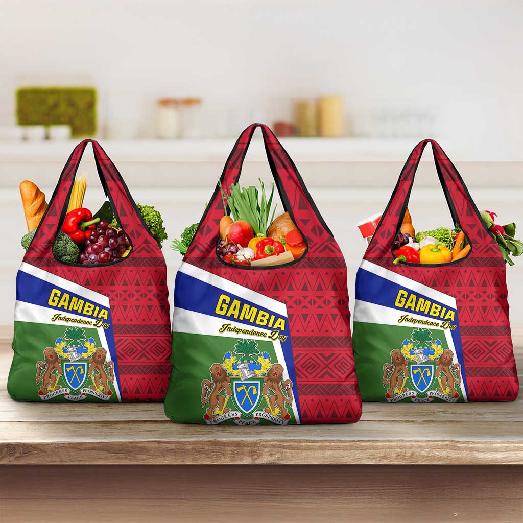 Gambia Independence Day Grocery Bag with Coat of Arms and African Pattern