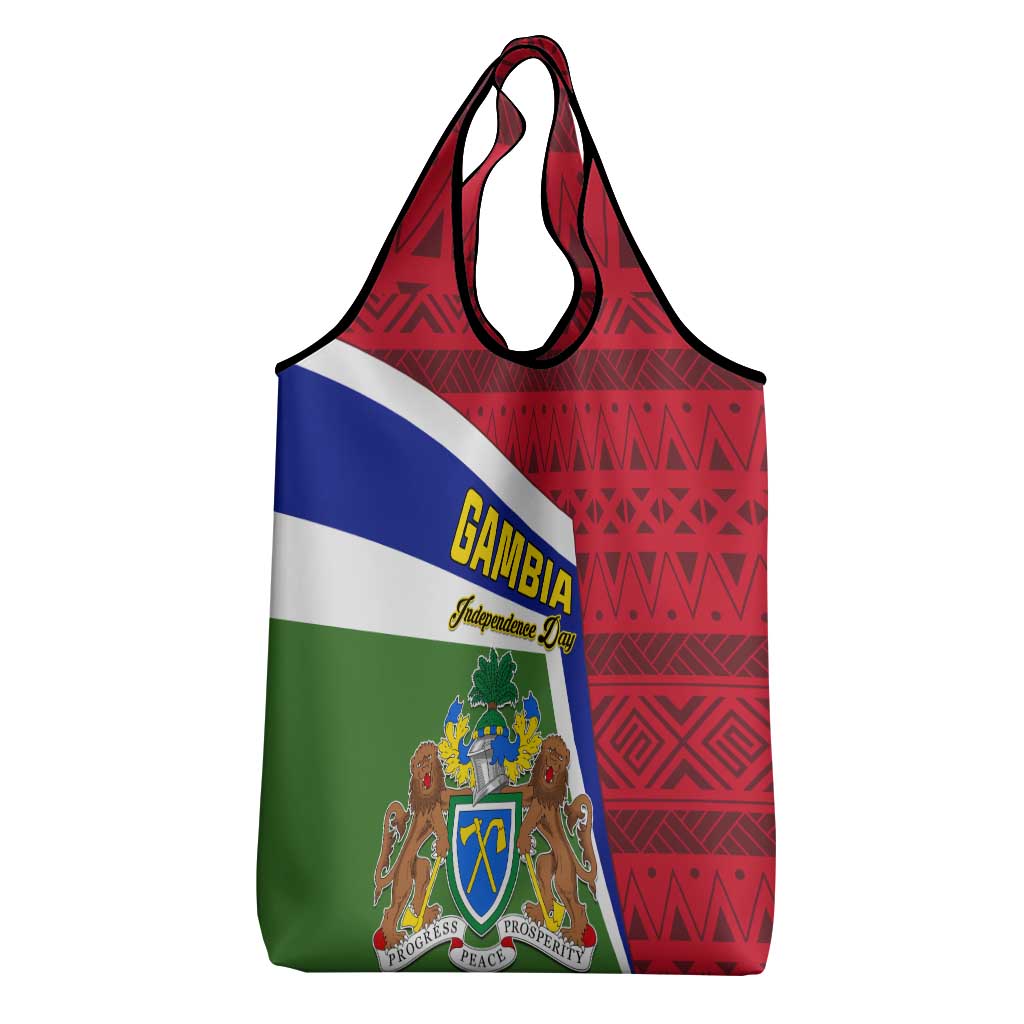 Gambia Independence Day Grocery Bag with Coat of Arms and African Pattern