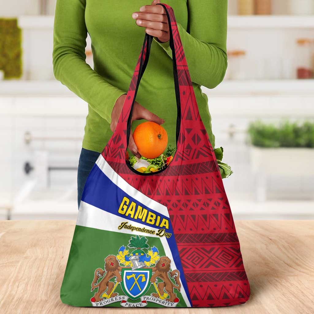 Gambia Independence Day Grocery Bag with Coat of Arms and African Pattern