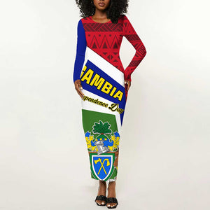 Gambia Independence Day Long Sleeve Bodycon Dress with Coat of Arms and African Pattern LT01
