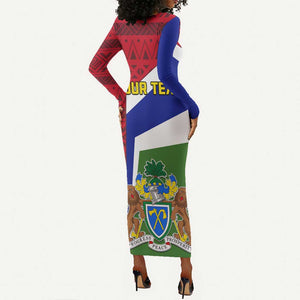 Gambia Independence Day Long Sleeve Bodycon Dress with Coat of Arms and African Pattern LT01
