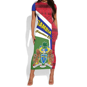Gambia Independence Day Short Sleeve Bodycon Dress with Coat of Arms and African Pattern LT01