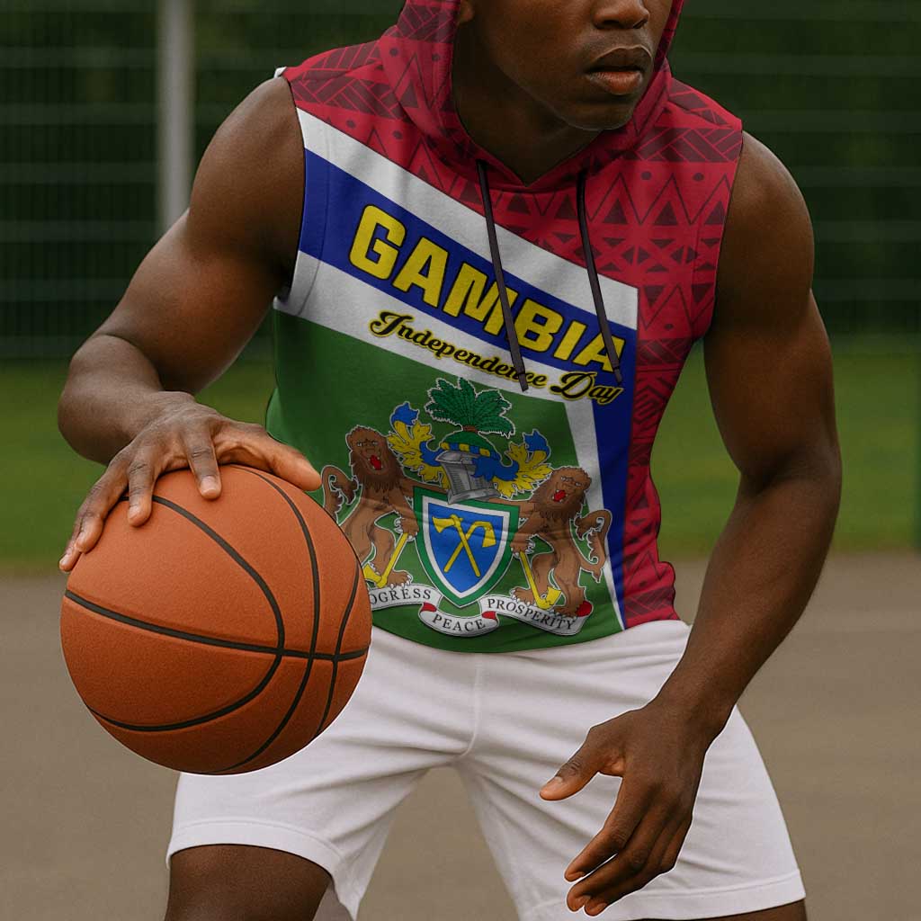 Gambia Independence Day Sleeveless Hoodie with Coat of Arms and African Pattern - African Pride