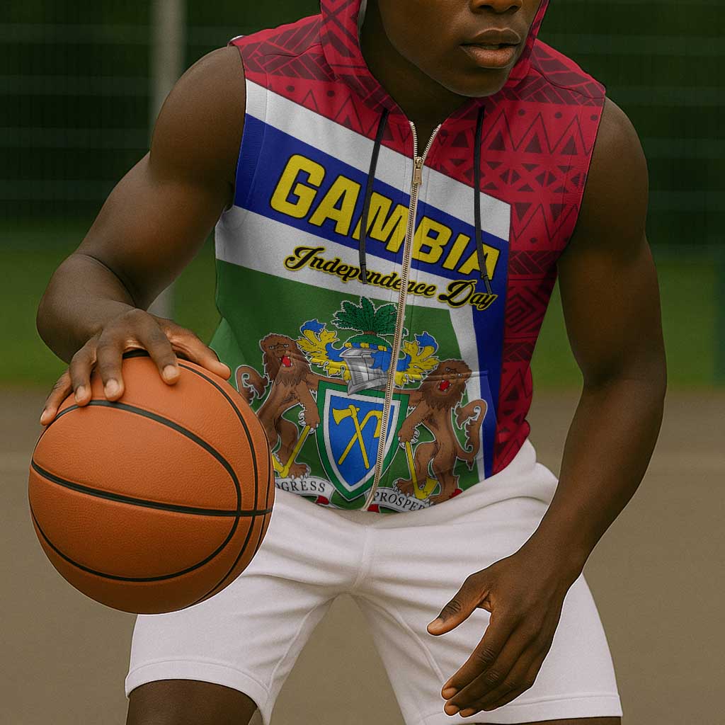 Gambia Independence Day Sleeveless Zip Hoodie with Coat of Arms and African Pattern - African Pride