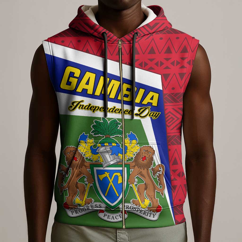 Gambia Independence Day Sleeveless Zip Hoodie with Coat of Arms and African Pattern - African Pride