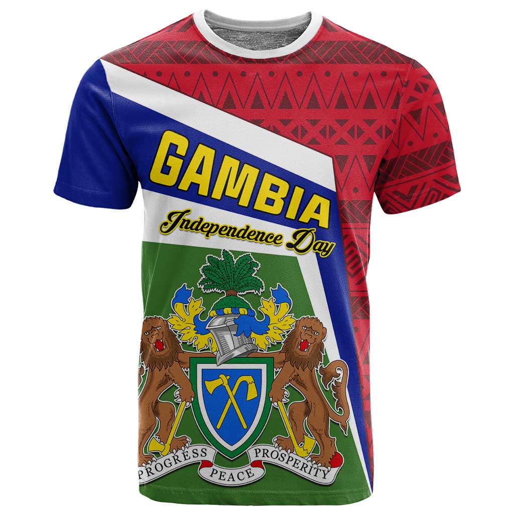 Gambia Independence Day T shirt with Coat of Arms and African Pattern