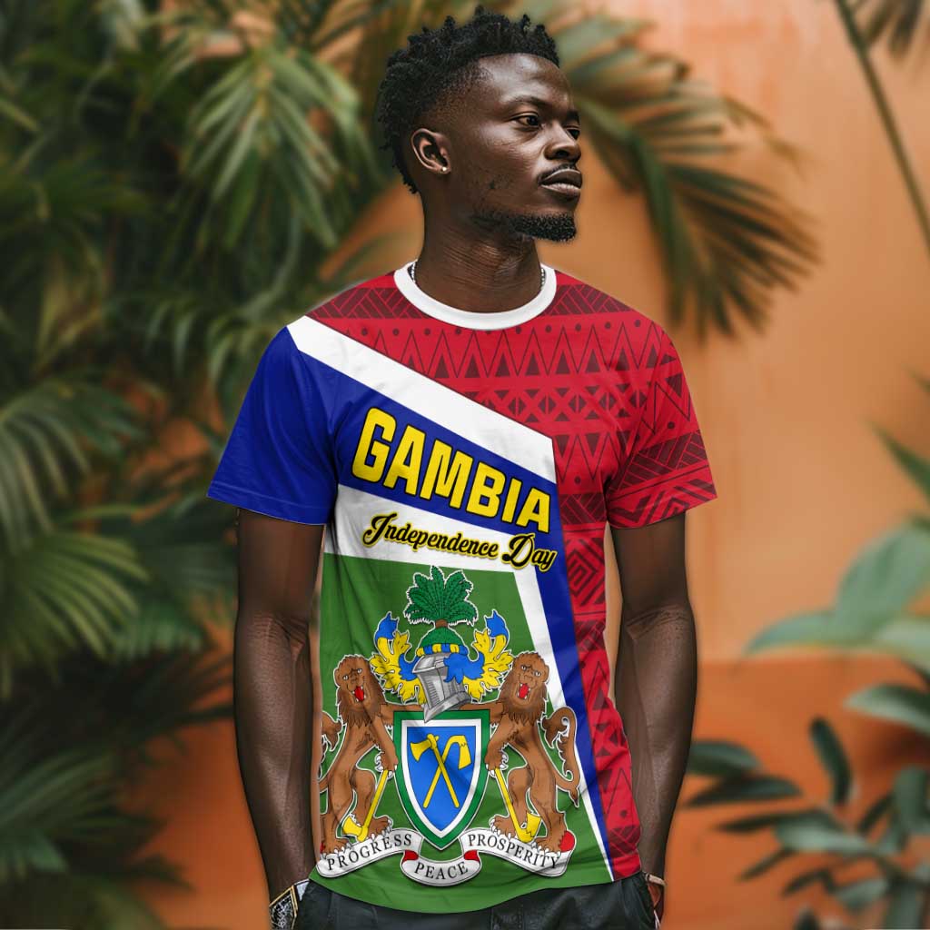 Gambia Independence Day T shirt with Coat of Arms and African Pattern