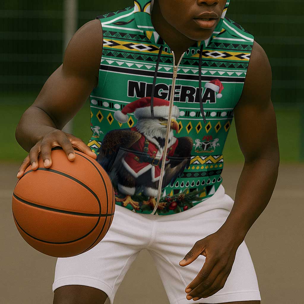 Nigeria Christmas Sleeveless Zip Hoodie Eagle Santa - African Pattern - African Pride