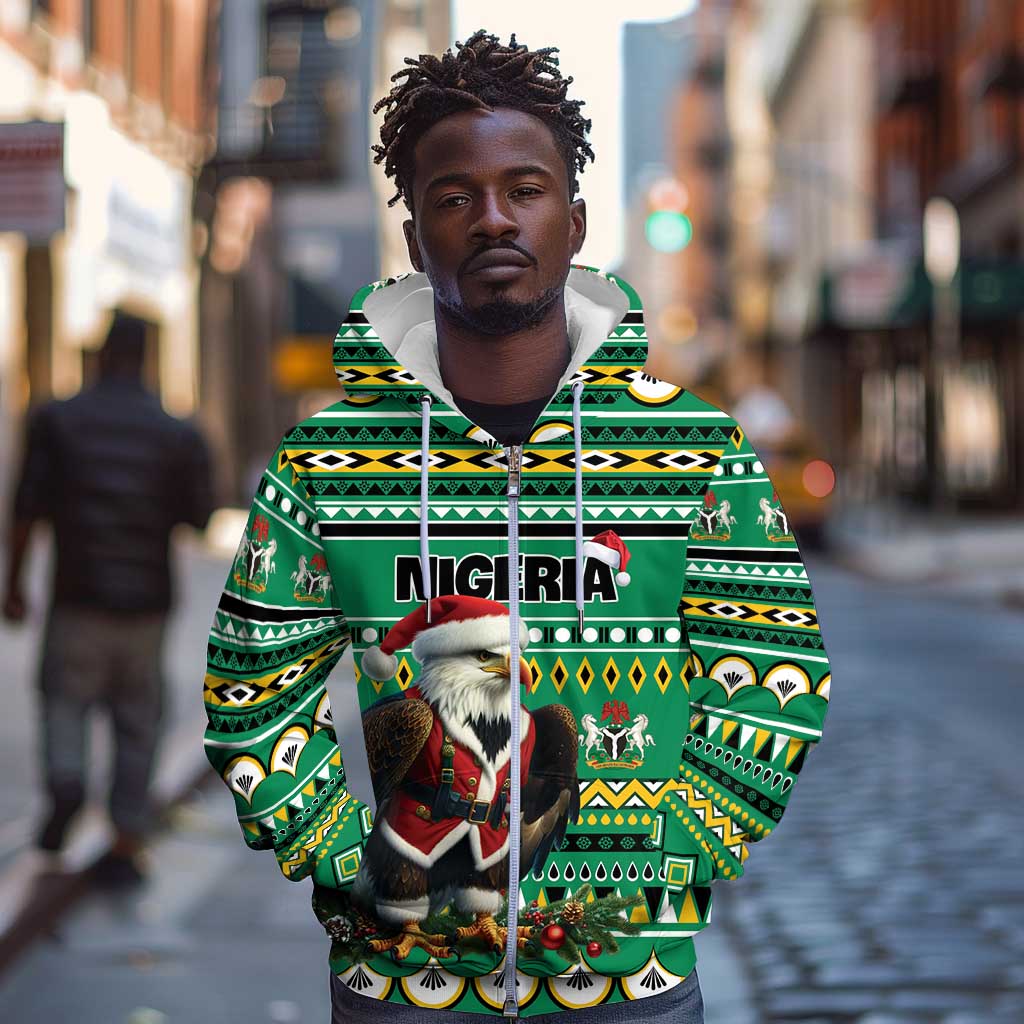 Nigeria Christmas Zip Hoodie Eagle Santa - African Pattern