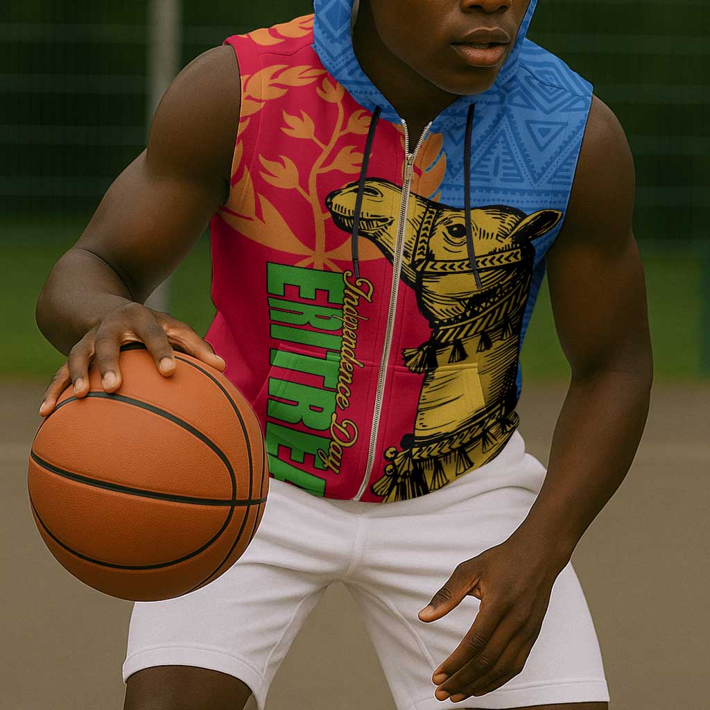 Eritrea Independence Day 2024 Sleeveless Zip Hoodie Eritrean Camel African Pattern - African Pride