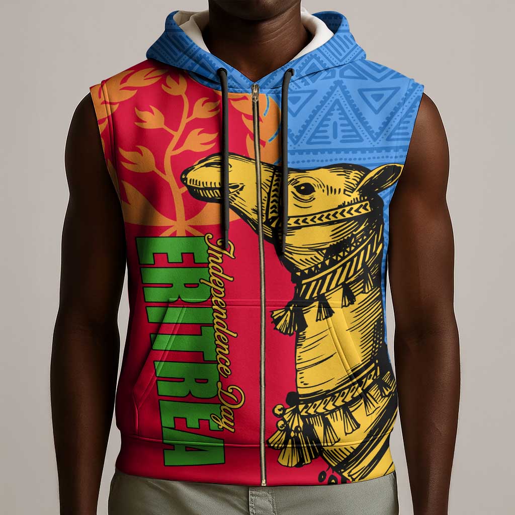 Eritrea Independence Day 2024 Sleeveless Zip Hoodie Eritrean Camel African Pattern - African Pride
