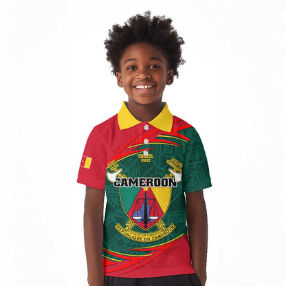 Personalized Cameroon Kid Polo Shirt with Cameroun Coat of Arms and African Pattern