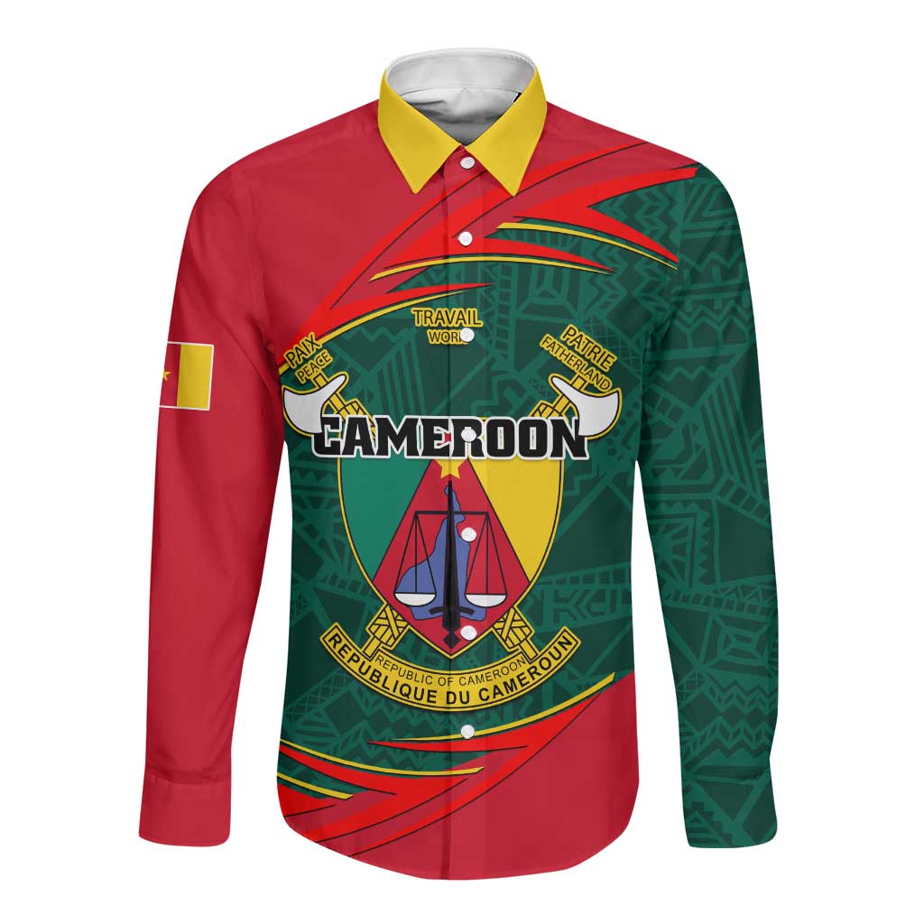 Personalized Cameroon Long Sleeve Button Shirt with Cameroun Coat of Arms and African Pattern