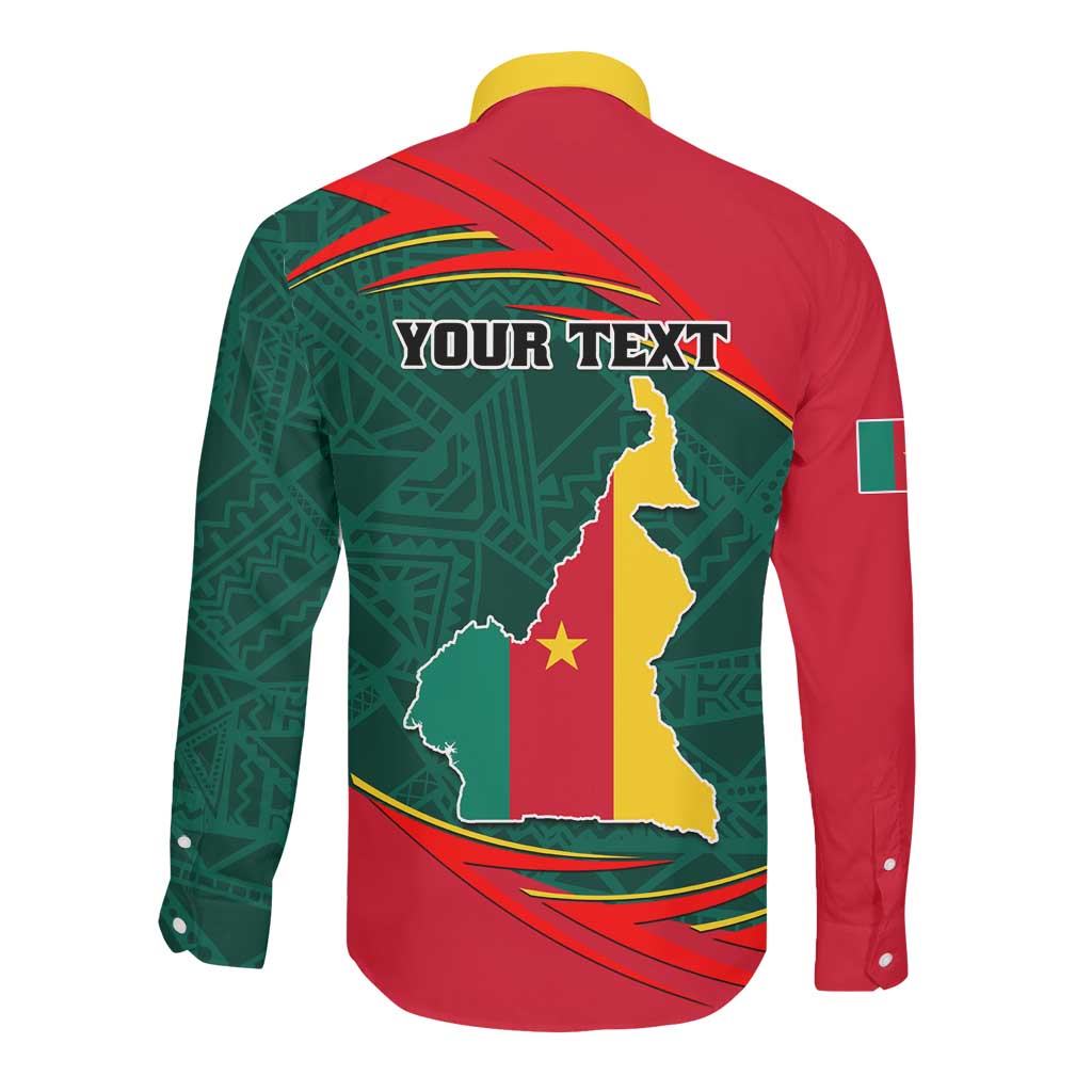 Personalized Cameroon Long Sleeve Button Shirt with Cameroun Coat of Arms and African Pattern