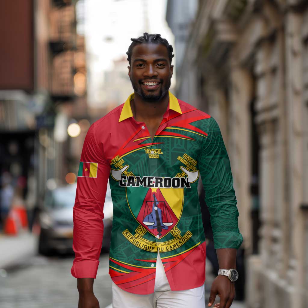 Personalized Cameroon Long Sleeve Button Shirt with Cameroun Coat of Arms and African Pattern