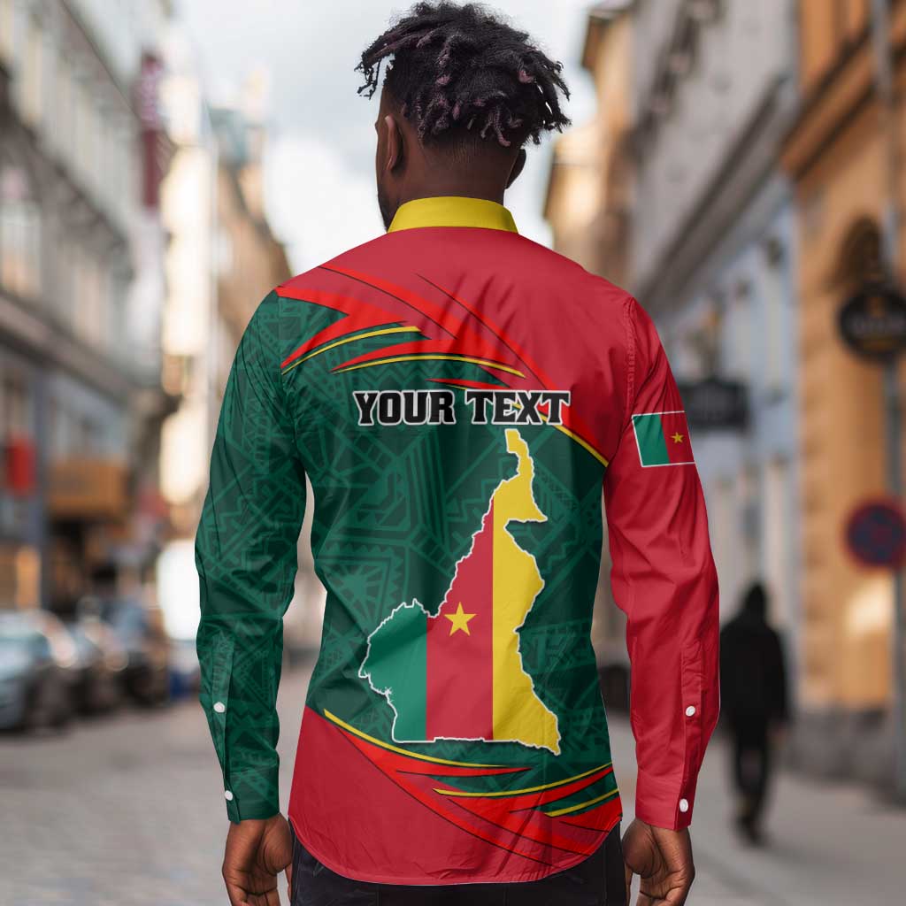 Personalized Cameroon Long Sleeve Button Shirt with Cameroun Coat of Arms and African Pattern