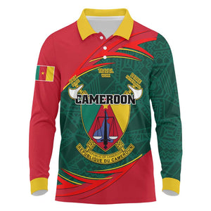 Personalized Cameroon Long Sleeve Polo Shirt with Cameroun Coat of Arms and African Pattern
