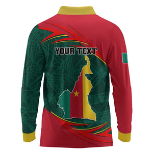 Personalized Cameroon Long Sleeve Polo Shirt with Cameroun Coat of Arms and African Pattern