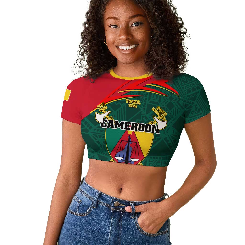 Personalized Cameroon Raglan Cropped T shirt with Cameroun Coat of Arms and African Pattern