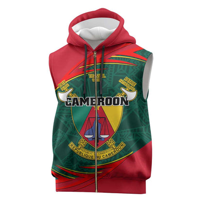 Personalized Cameroon Sleeveless Zip Hoodie with Cameroun Coat of Arms and African Pattern - African Pride