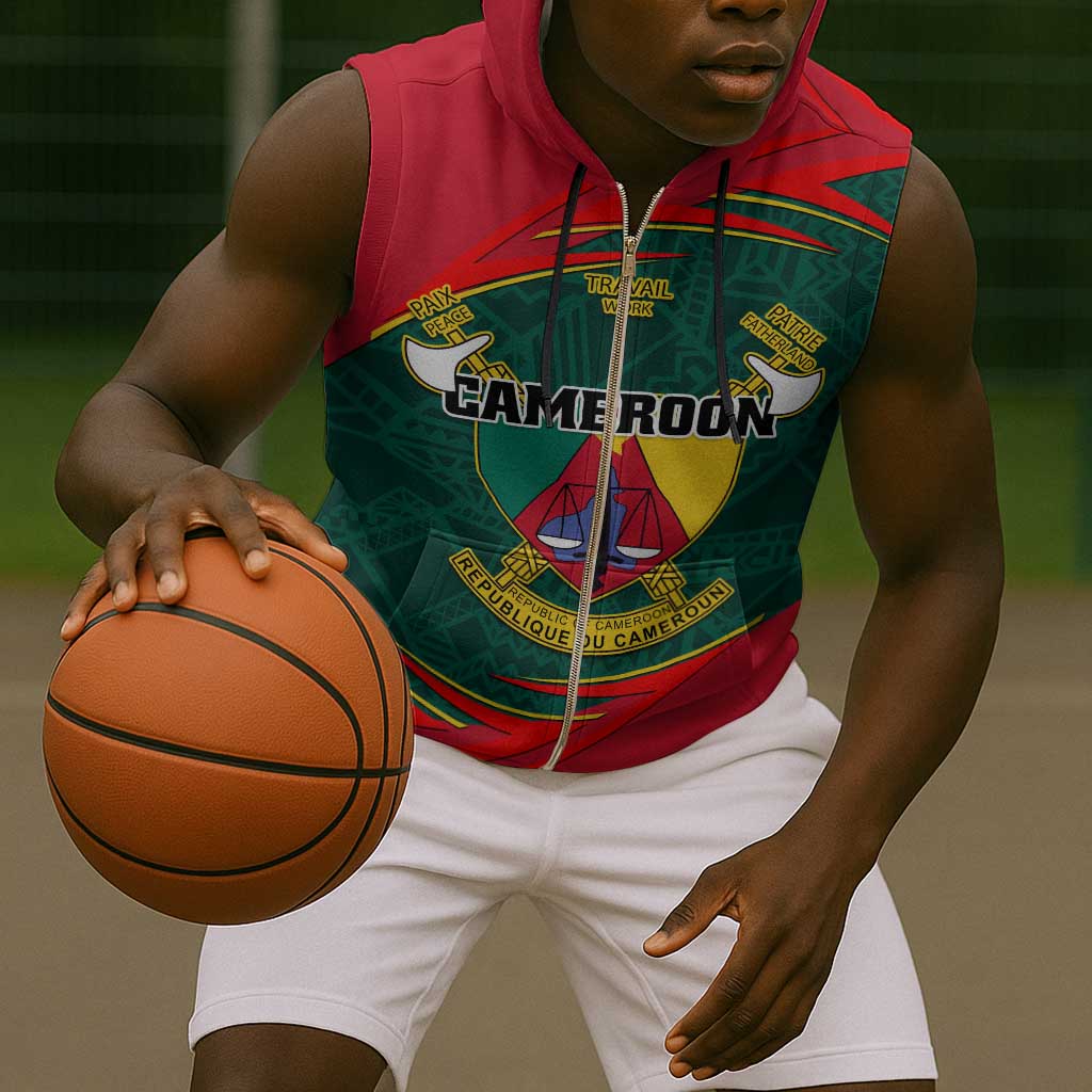 Personalized Cameroon Sleeveless Zip Hoodie with Cameroun Coat of Arms and African Pattern - African Pride