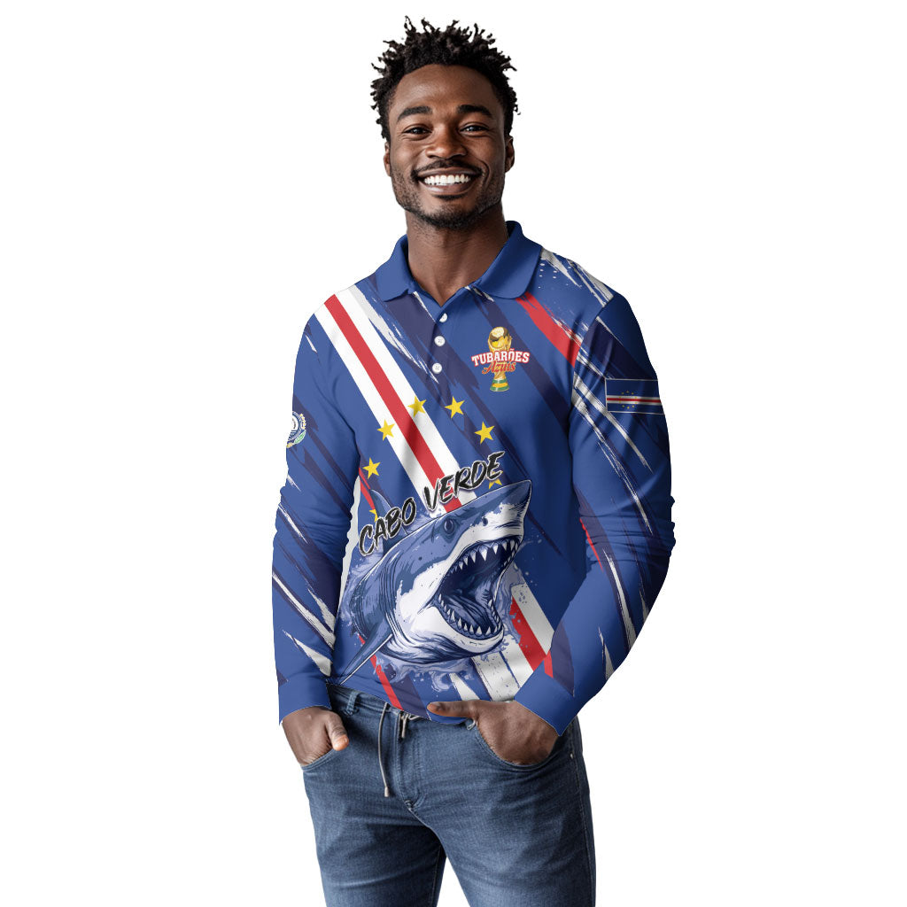 Custom World Football 2026 Cabo Verde Long Sleeve Polo Shirt Tubaroes Azuis Victory